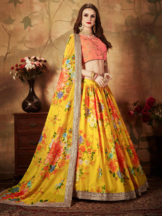 Adorning Yellow Digital Printed Organza Silk Wedding Lehenga Choli With Orange Blouse ClothsVilla