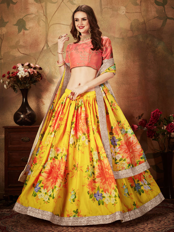 Adorning Yellow Digital Printed Organza Silk Wedding Lehenga Choli With Orange Blouse ClothsVilla