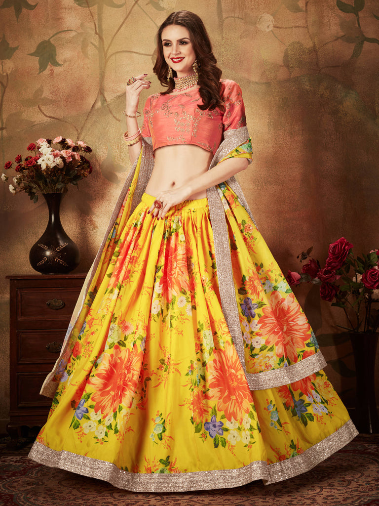 Adorning Yellow Digital Printed Organza Silk Wedding Lehenga Choli With Orange Blouse ClothsVilla