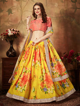 Load image into Gallery viewer, Adorning Yellow Digital Printed Organza Silk Wedding Lehenga Choli With Orange Blouse ClothsVilla