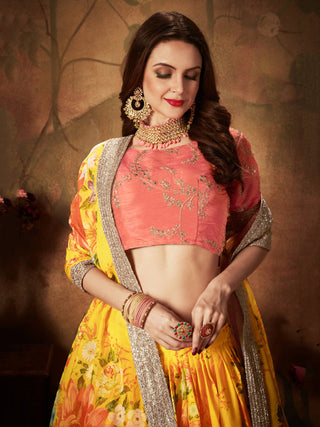 Adorning Yellow Digital Printed Organza Silk Wedding Lehenga Choli With Orange Blouse ClothsVilla