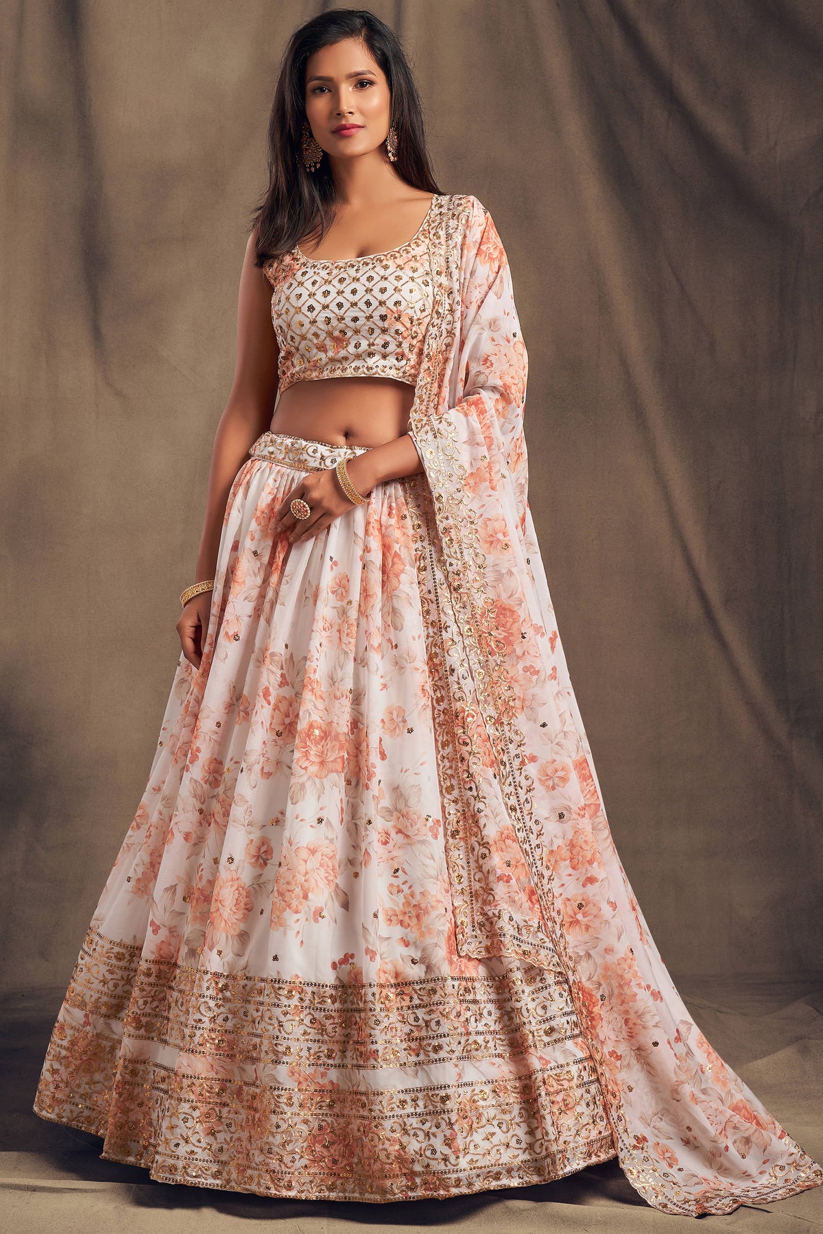 Beautiful White & Orange Zari Embroidery Organza Occasional Wear Lehenga Choli ClothsVilla Main image