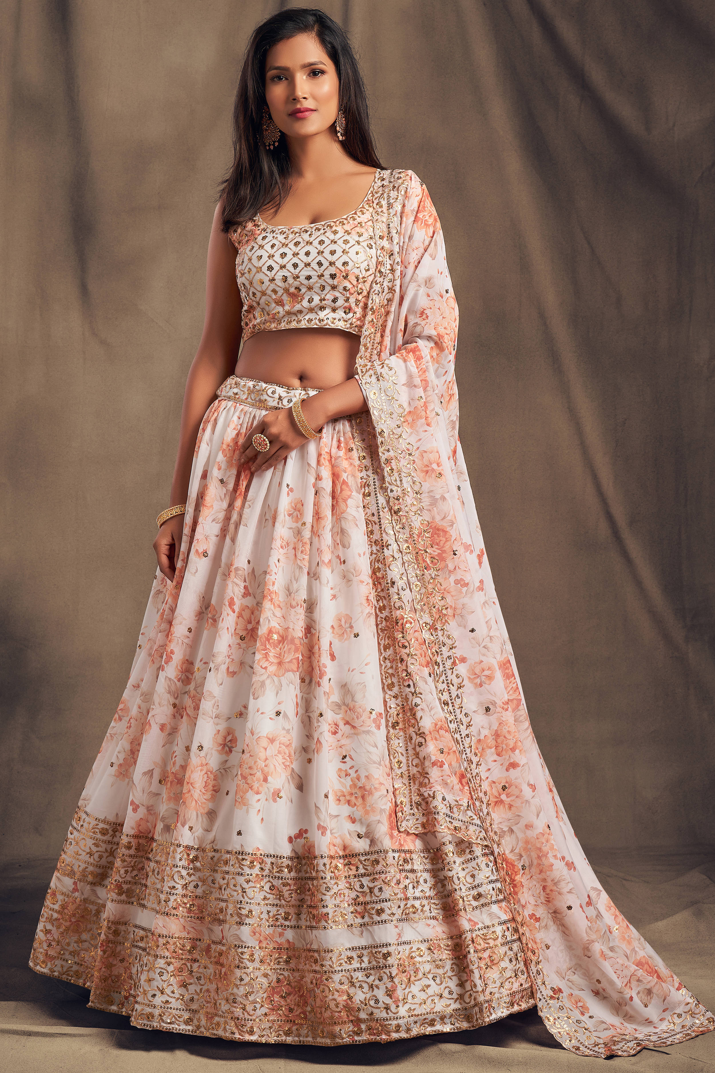 Beautiful White & Orange Zari Embroidery Organza Occasional Wear Lehenga Choli ClothsVilla Main image