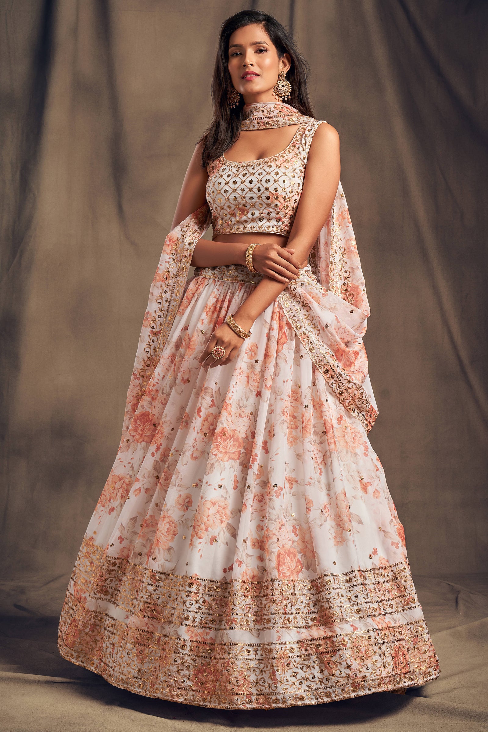 Beautiful White & Orange Zari Embroidery Organza Occasional Wear Lehenga Choli ClothsVilla