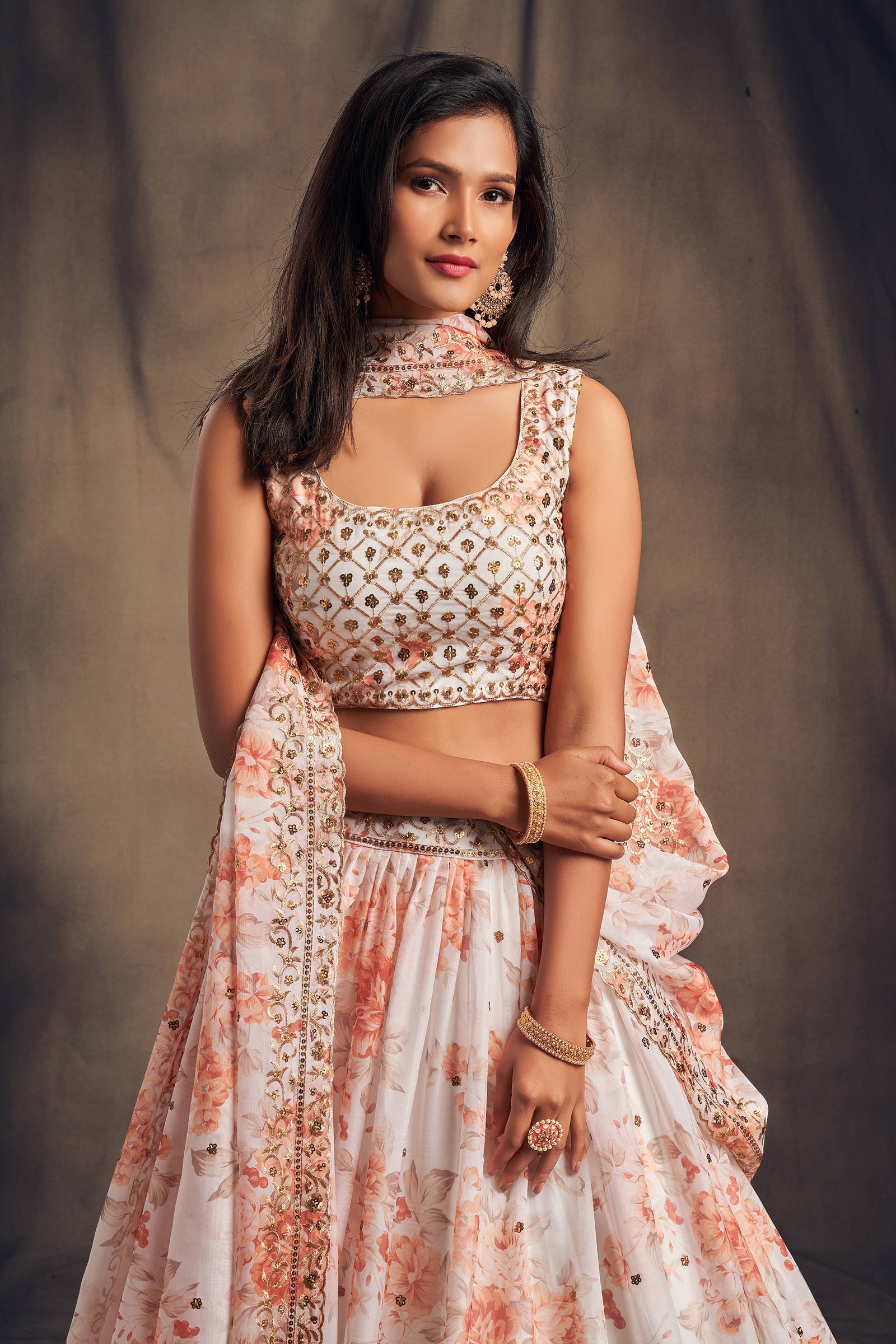 Beautiful White & Orange Zari Embroidery Organza Occasional Wear Lehenga Choli ClothsVilla