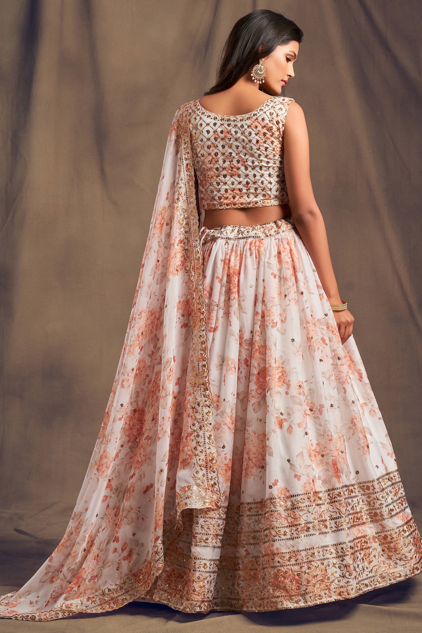 Beautiful White & Orange Zari Embroidery Organza Occasional Wear Lehenga Choli ClothsVilla