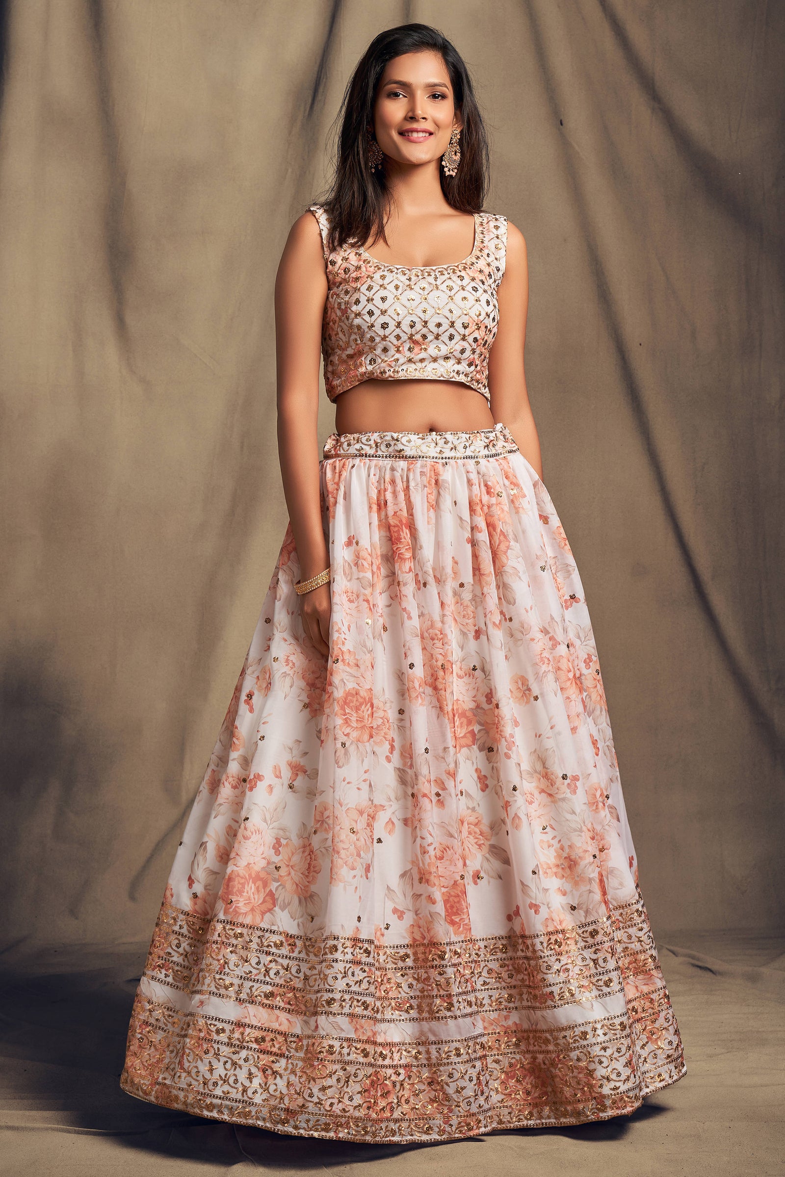 Beautiful White & Orange Zari Embroidery Organza Occasional Wear Lehenga Choli ClothsVilla