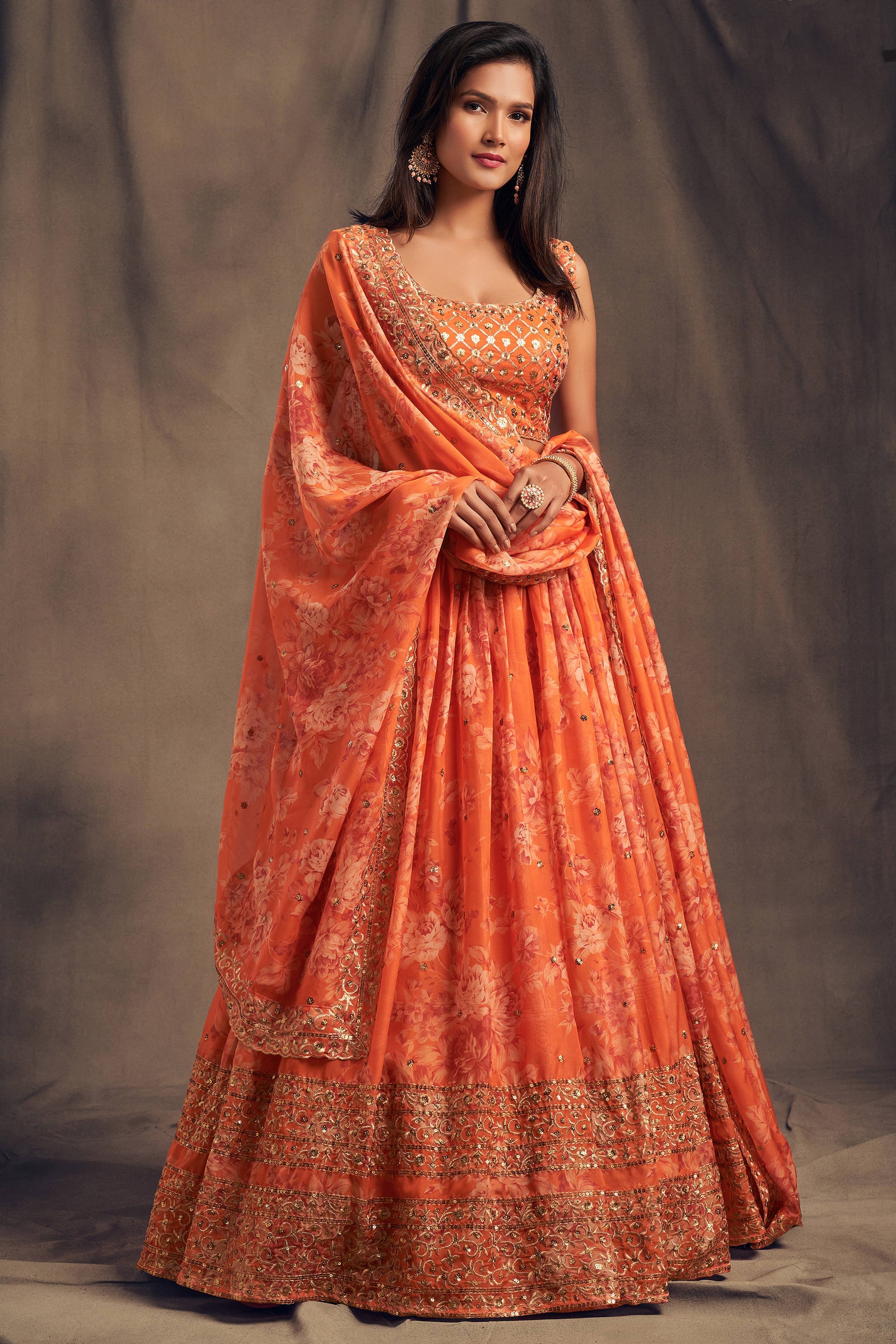 Pretty Orange Zari Embroidery Organza Occasional Wear Lehenga Choli ClothsVilla