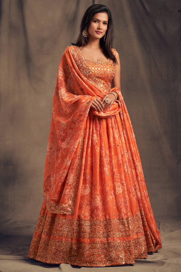 Pretty Orange Zari Embroidery Organza Occasional Wear Lehenga Choli ClothsVilla