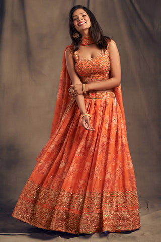 Pretty Orange Zari Embroidery Organza Occasional Wear Lehenga Choli ClothsVilla