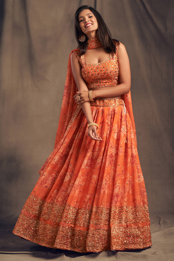 Pretty Orange Zari Embroidery Organza Occasional Wear Lehenga Choli ClothsVilla