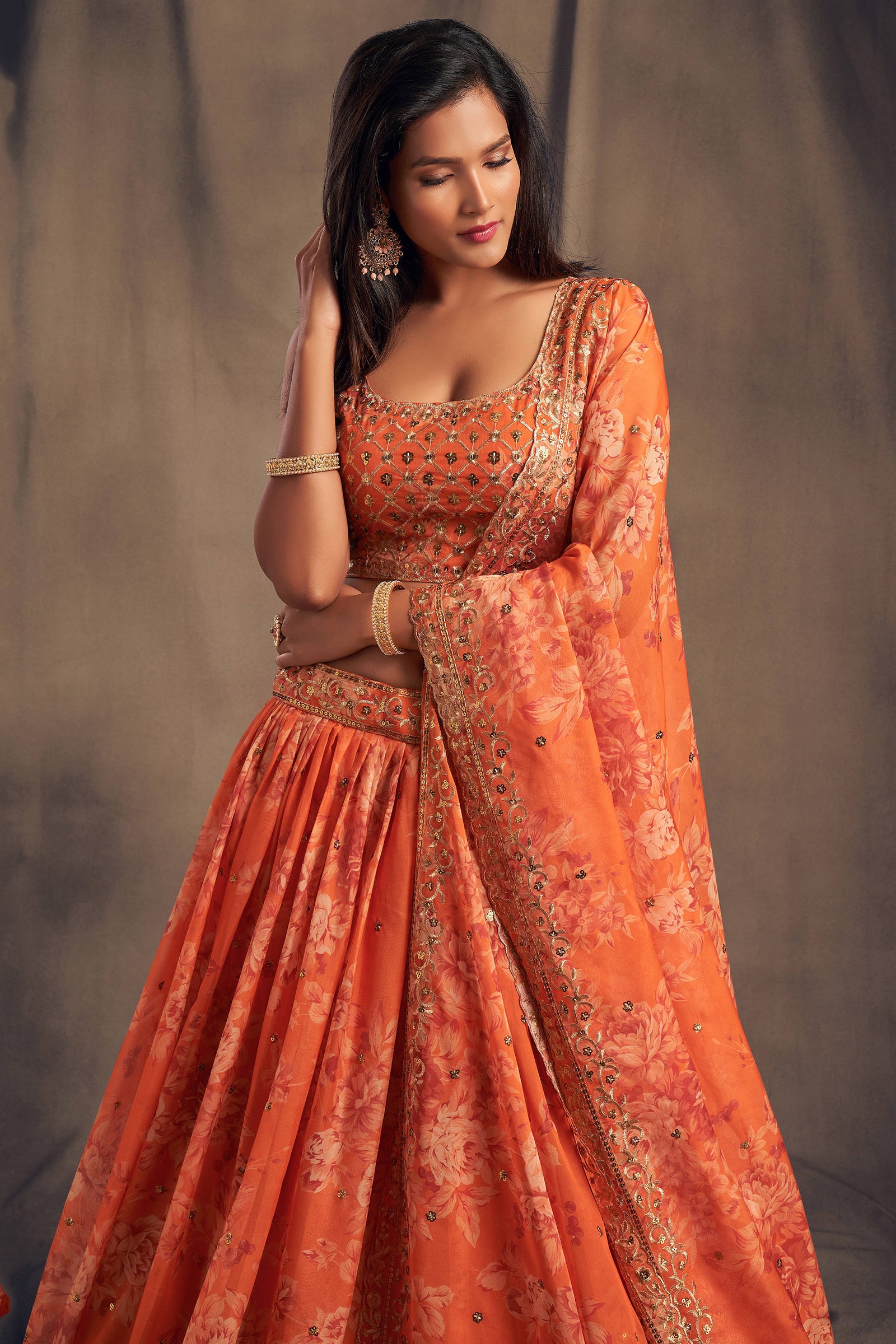 Pretty Orange Zari Embroidery Organza Occasional Wear Lehenga Choli ClothsVilla
