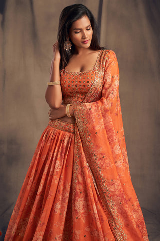 Pretty Orange Zari Embroidery Organza Occasional Wear Lehenga Choli ClothsVilla