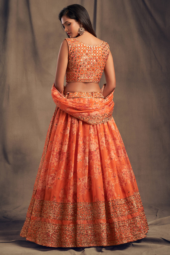 Pretty Orange Zari Embroidery Organza Occasional Wear Lehenga Choli ClothsVilla