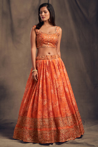 Pretty Orange Zari Embroidery Organza Occasional Wear Lehenga Choli ClothsVilla