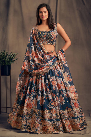 Winning Dove Blue Zari Embroidery Organza Occasional Wear Lehenga Choli ClothsVilla
