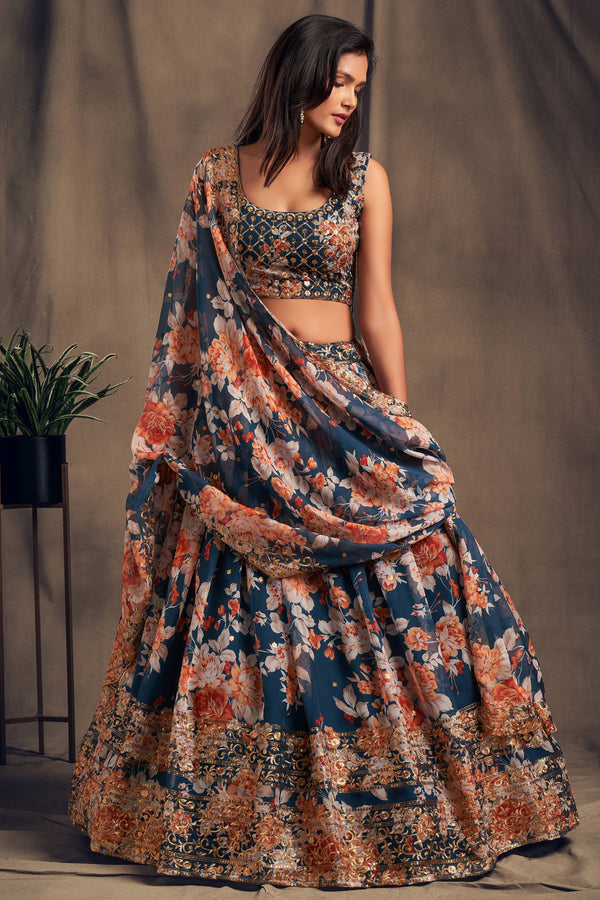 Winning Dove Blue Zari Embroidery Organza Occasional Wear Lehenga Choli ClothsVilla