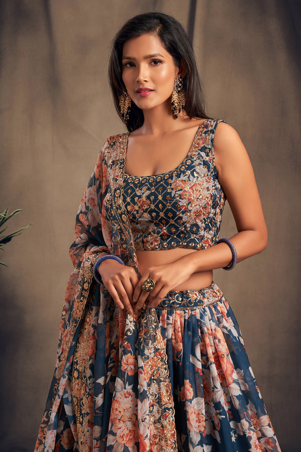 Winning Dove Blue Zari Embroidery Organza Occasional Wear Lehenga Choli ClothsVilla