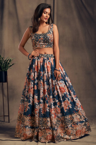 Winning Dove Blue Zari Embroidery Organza Occasional Wear Lehenga Choli ClothsVilla
