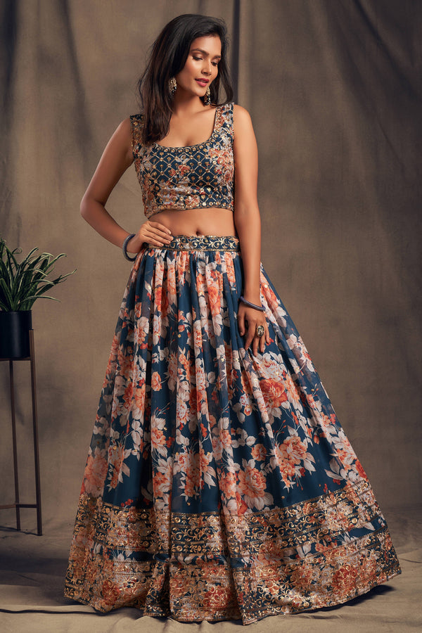 Winning Dove Blue Zari Embroidery Organza Occasional Wear Lehenga Choli ClothsVilla
