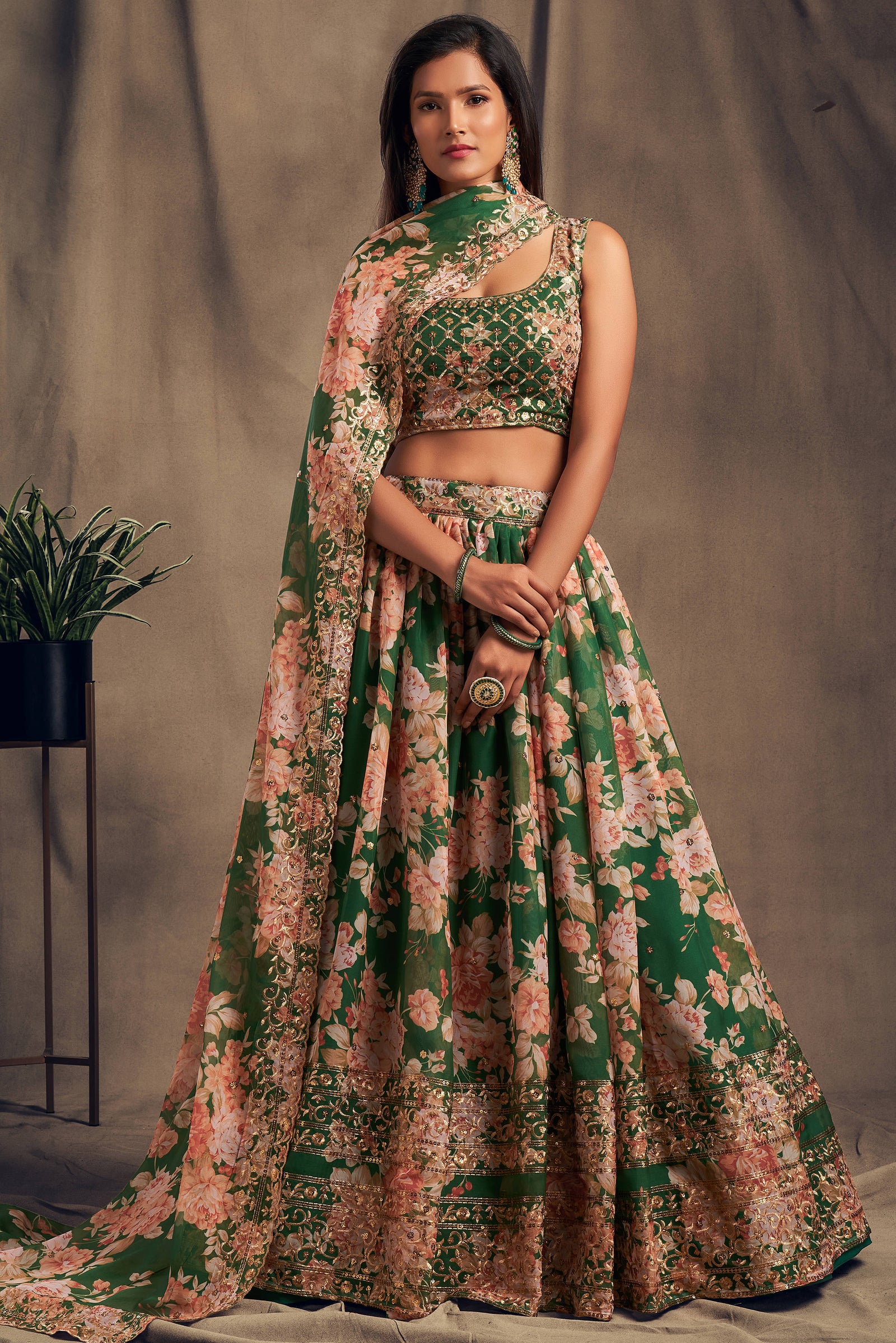 Effecting Green Zari Embroidery Organza Occasional Wear Lehenga Choli ClothsVilla