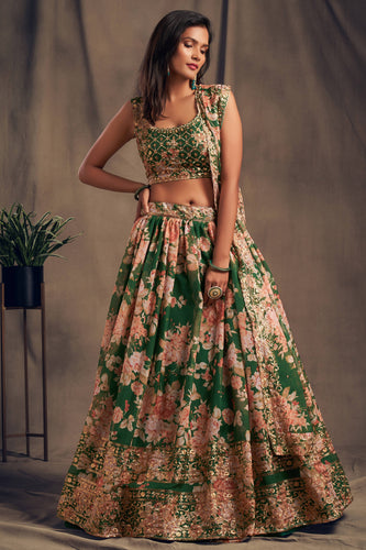 Effecting Green Zari Embroidery Organza Occasional Wear Lehenga Choli ClothsVilla