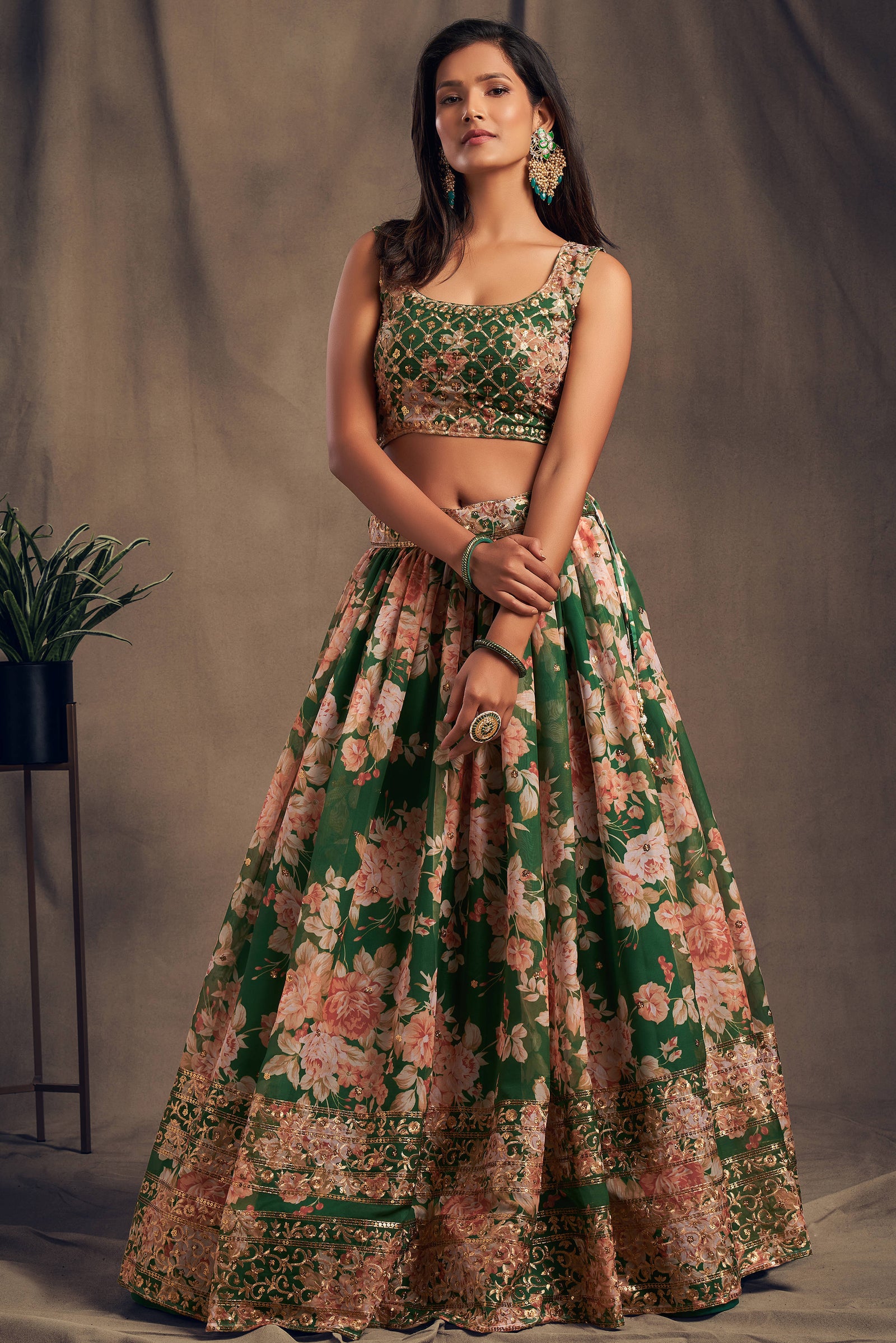 Effecting Green Zari Embroidery Organza Occasional Wear Lehenga Choli ClothsVilla