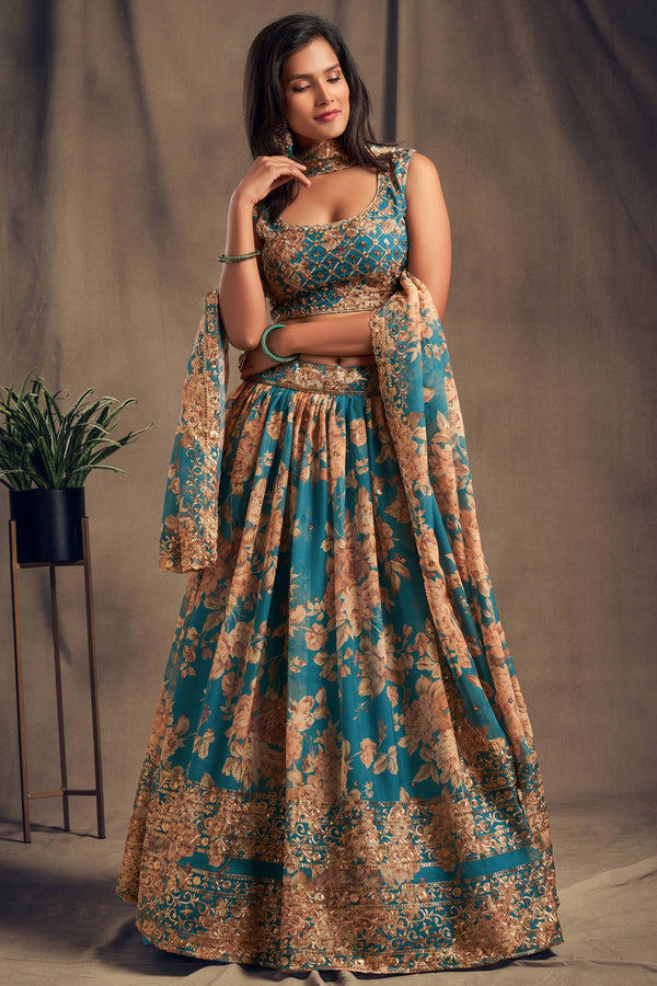 Accomplishing Teal Blue Zari Embroidery Organza Occasional Wear Lehenga Choli ClothsVilla