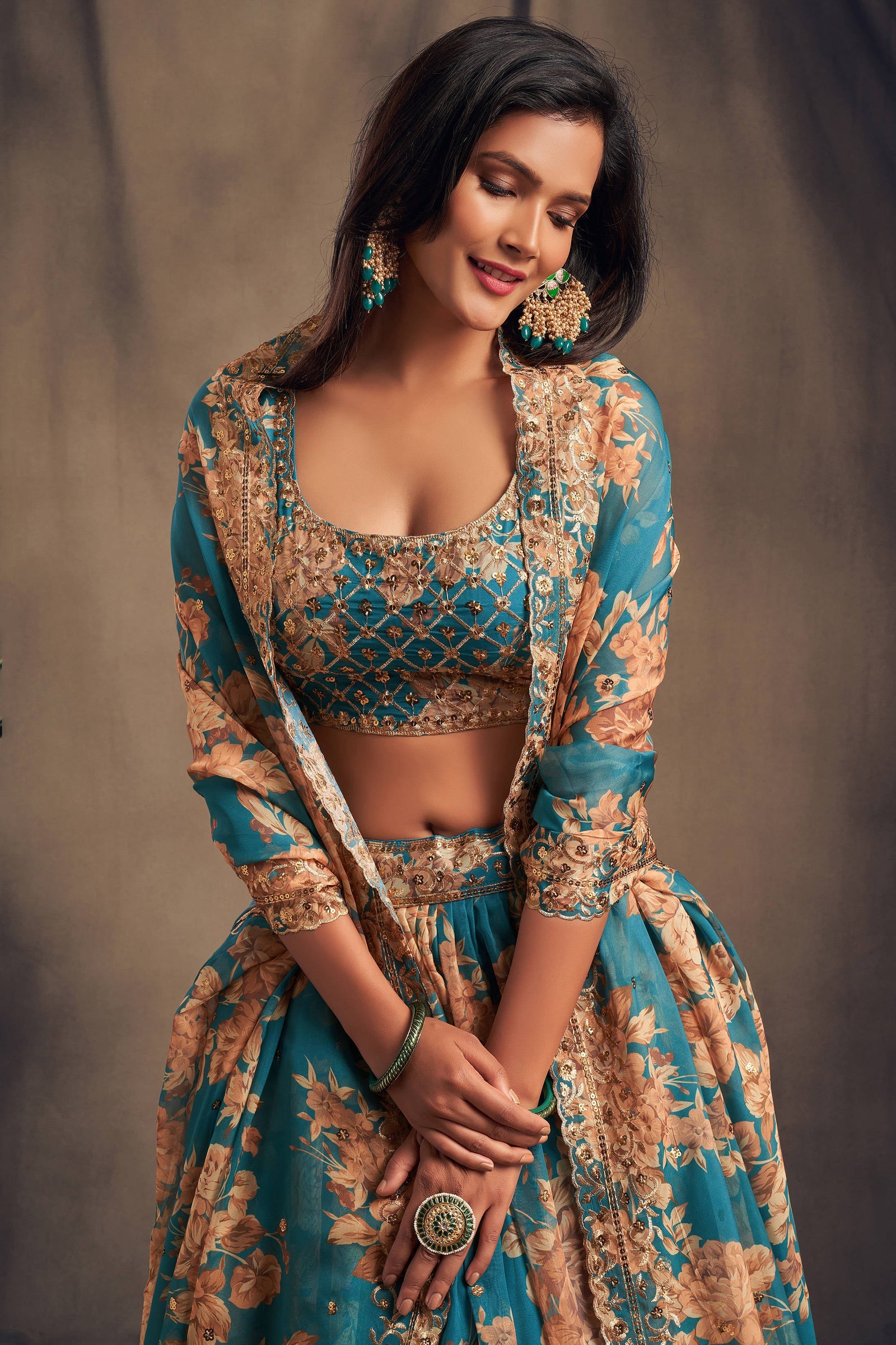 Accomplishing Teal Blue Zari Embroidery Organza Occasional Wear Lehenga Choli ClothsVilla