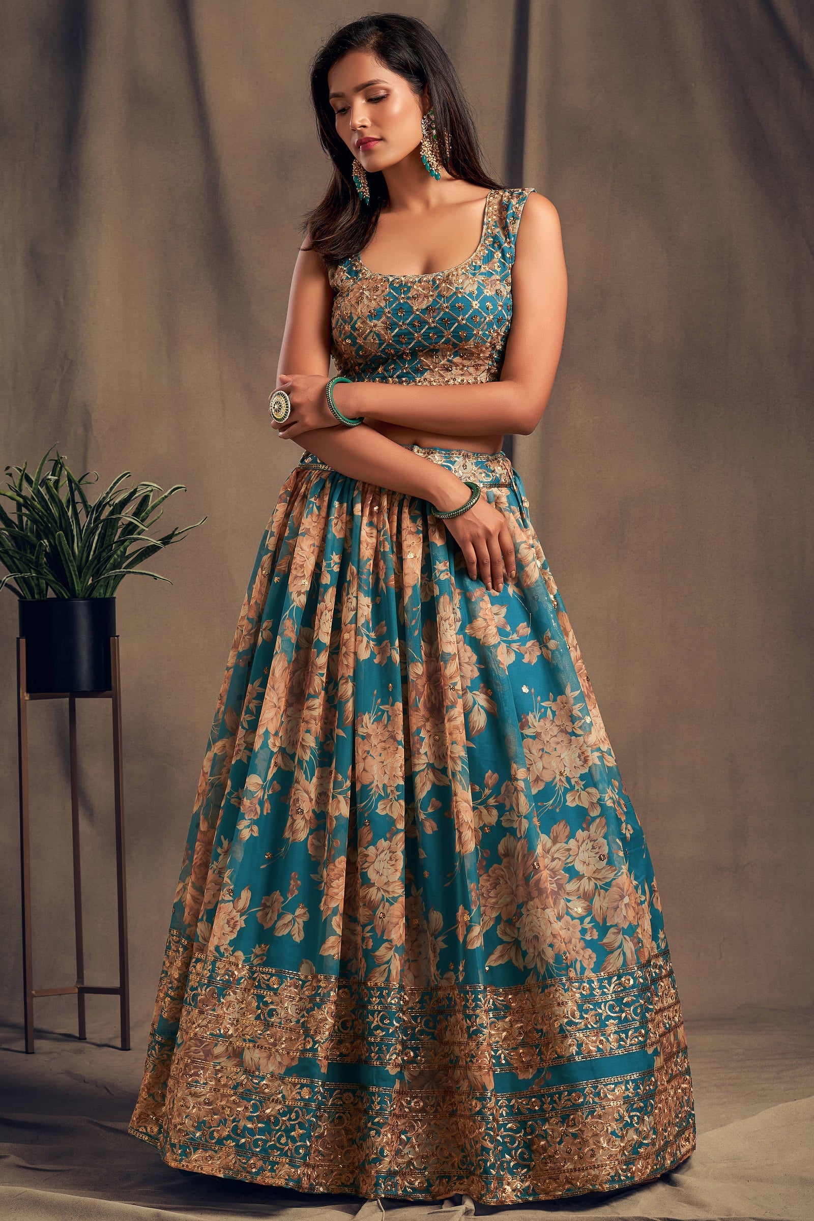 Accomplishing Teal Blue Zari Embroidery Organza Occasional Wear Lehenga Choli ClothsVilla