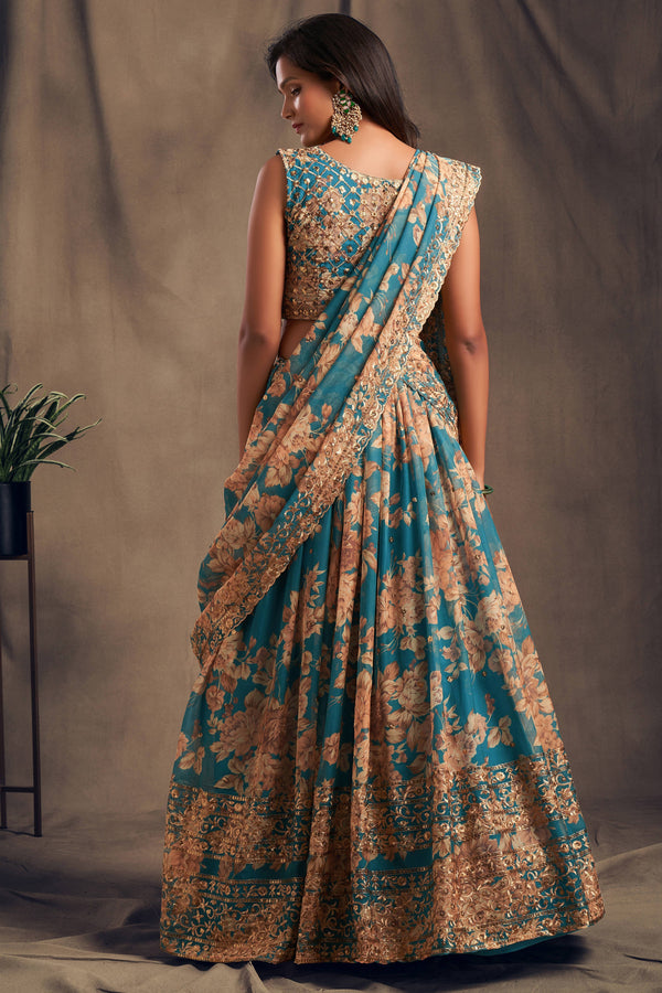 Accomplishing Teal Blue Zari Embroidery Organza Occasional Wear Lehenga Choli ClothsVilla