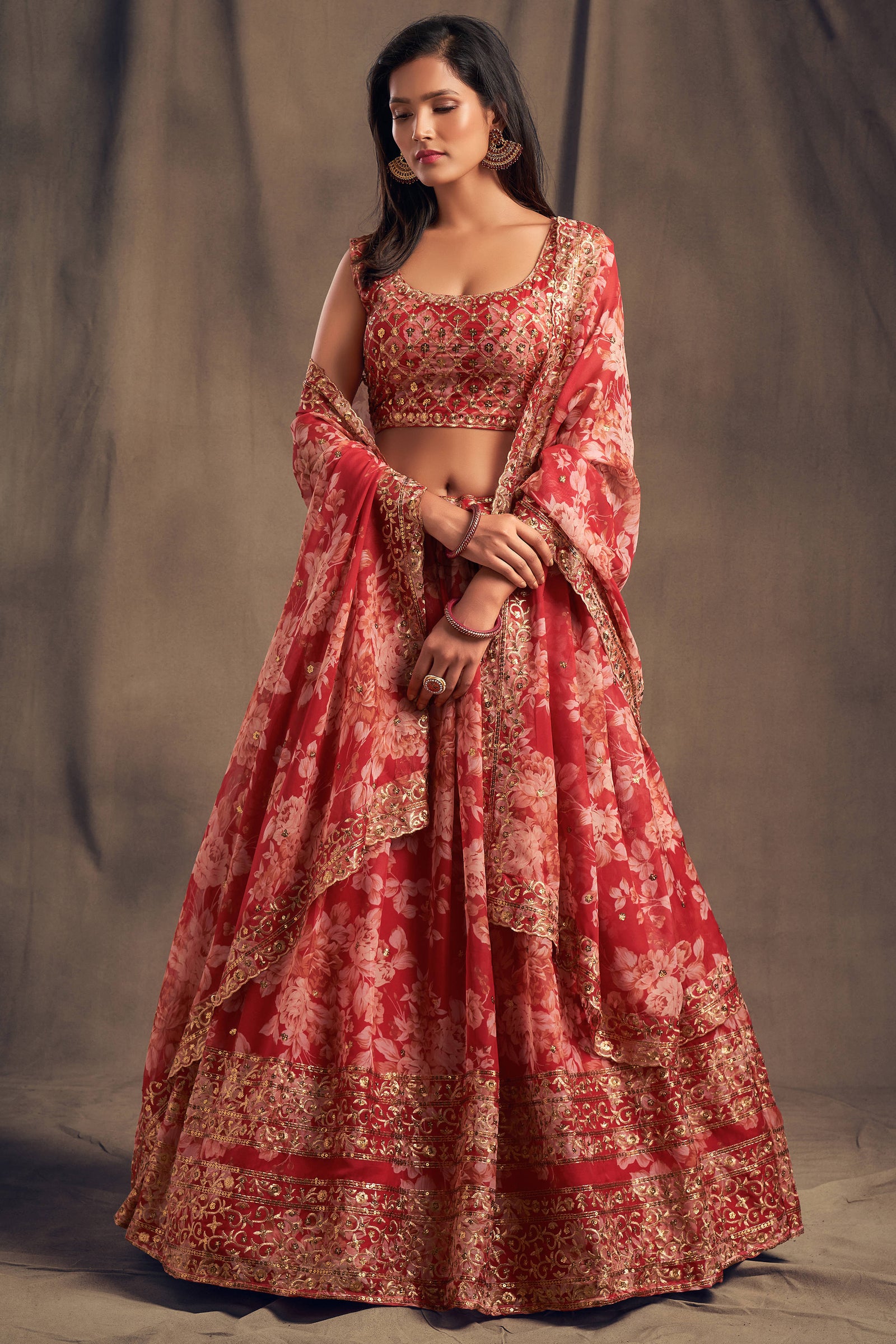 Offering Red Zari Embroidery Organza Occasional Wear Lehenga Choli ClothsVilla