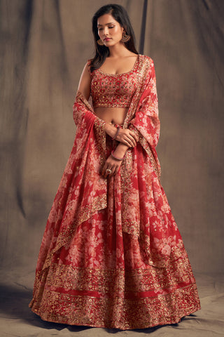 Offering Red Zari Embroidery Organza Occasional Wear Lehenga Choli ClothsVilla