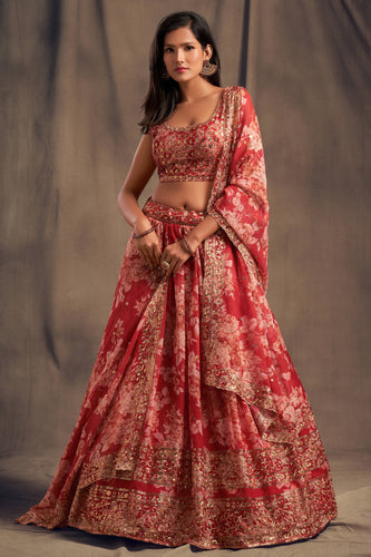 Offering Red Zari Embroidery Organza Occasional Wear Lehenga Choli ClothsVilla