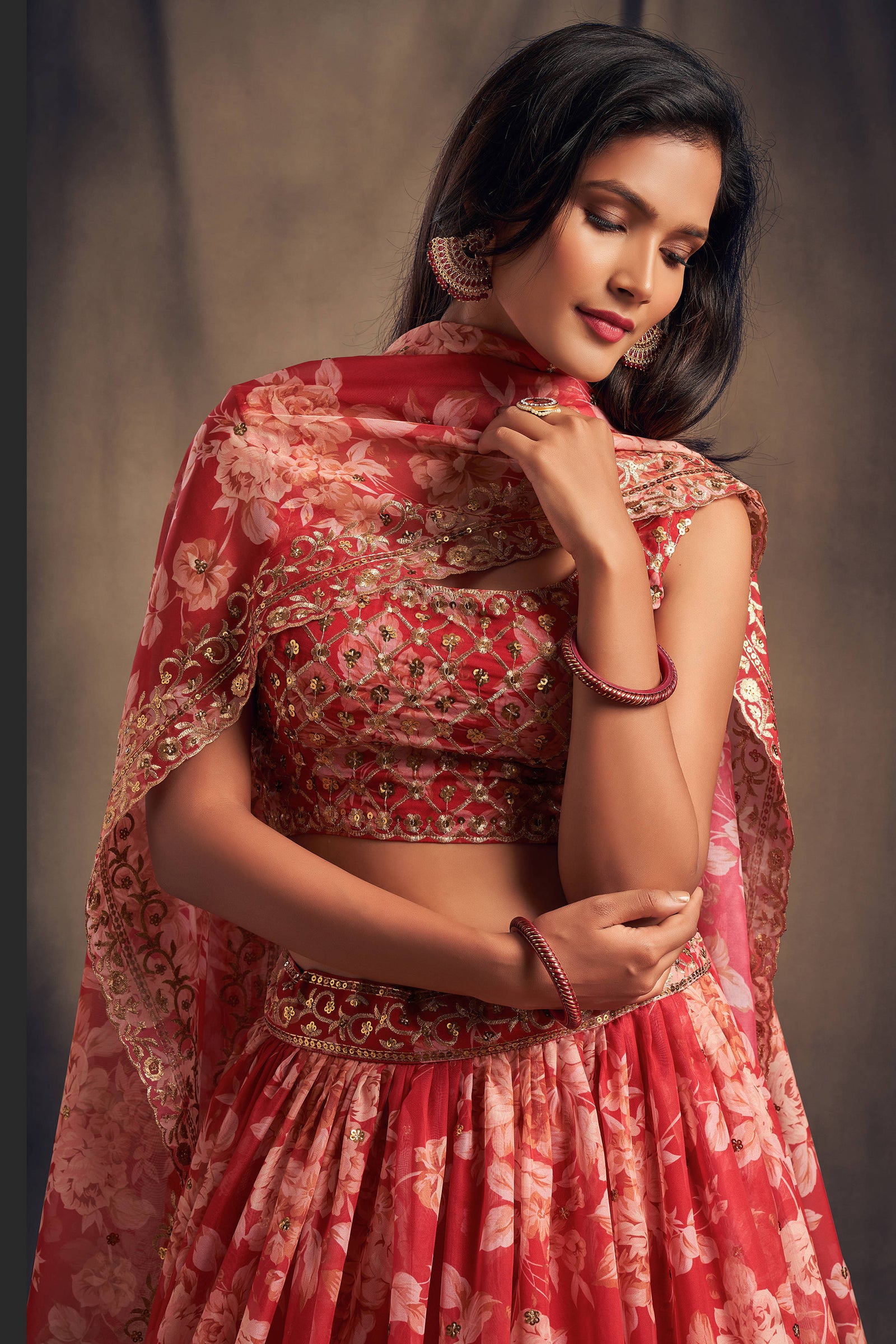 Offering Red Zari Embroidery Organza Occasional Wear Lehenga Choli ClothsVilla