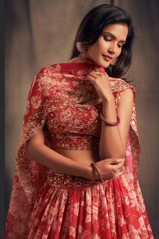 Offering Red Zari Embroidery Organza Occasional Wear Lehenga Choli ClothsVilla