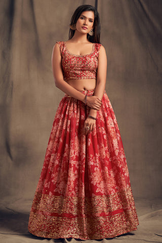 Offering Red Zari Embroidery Organza Occasional Wear Lehenga Choli ClothsVilla