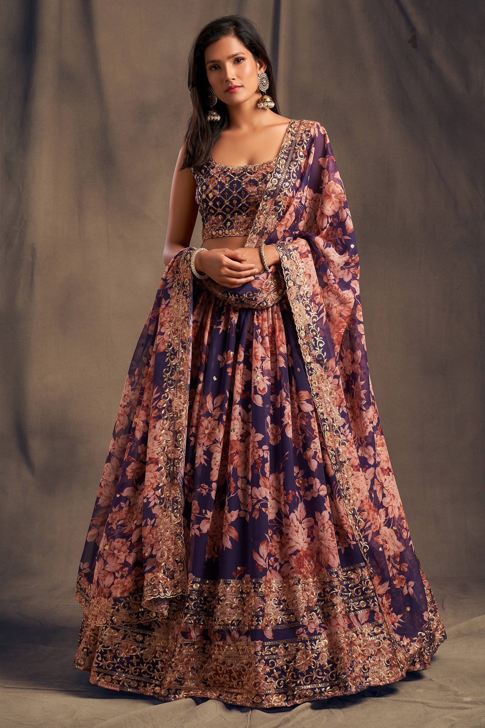 Extending Purple Zari Embroidery Organza Occasional Wear Lehenga Choli ClothsVilla
