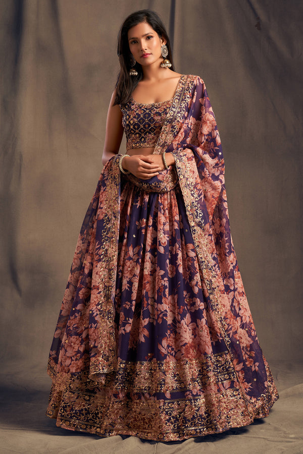Extending Purple Zari Embroidery Organza Occasional Wear Lehenga Choli ClothsVilla