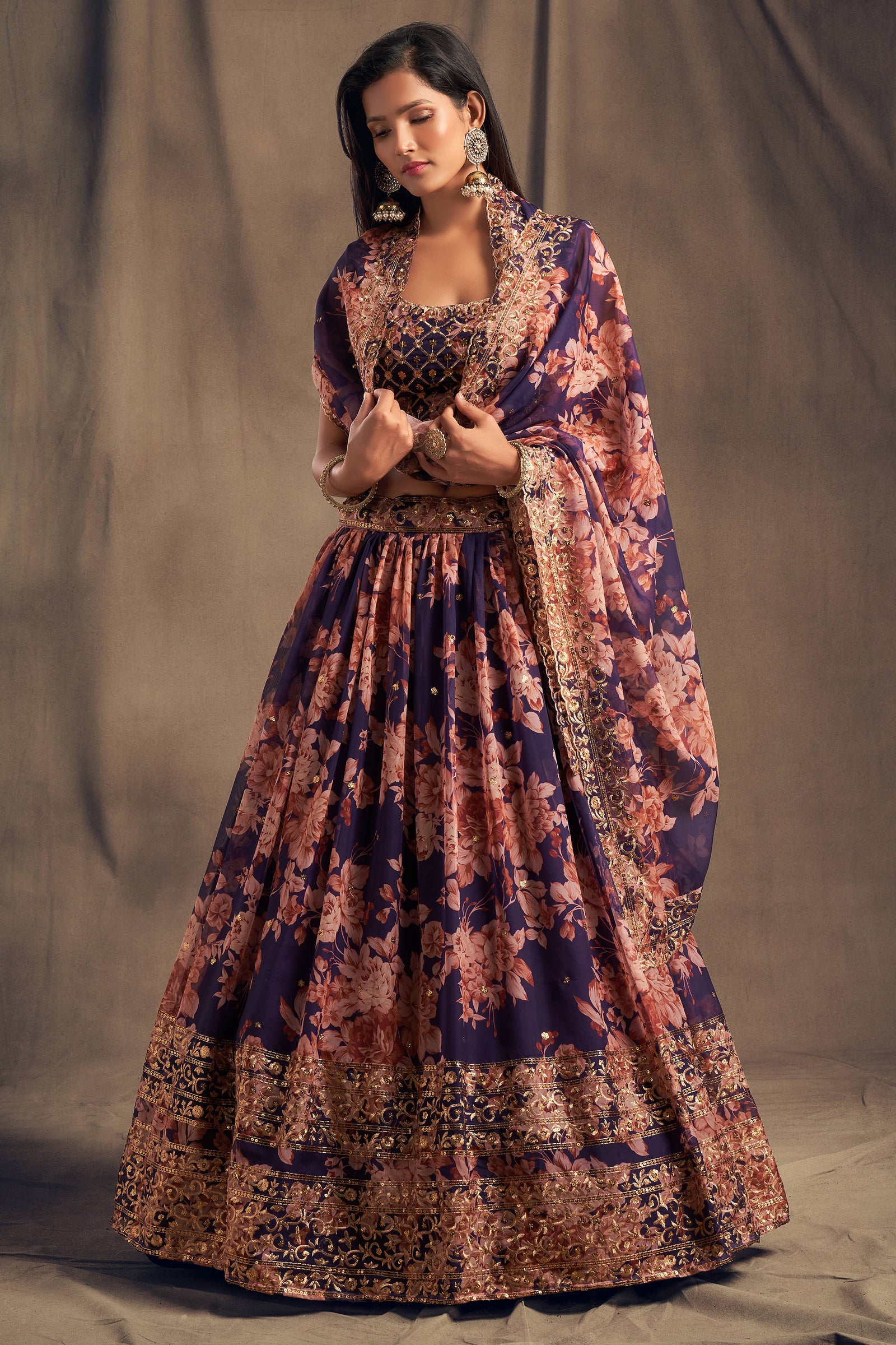 Extending Purple Zari Embroidery Organza Occasional Wear Lehenga Choli ClothsVilla