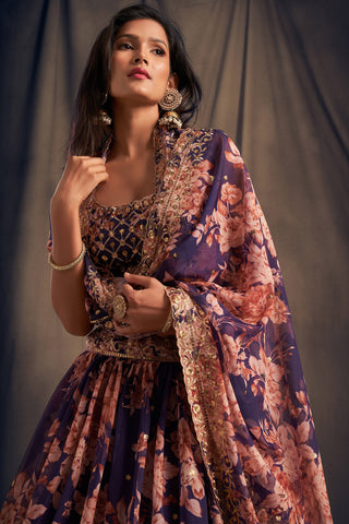 Extending Purple Zari Embroidery Organza Occasional Wear Lehenga Choli ClothsVilla