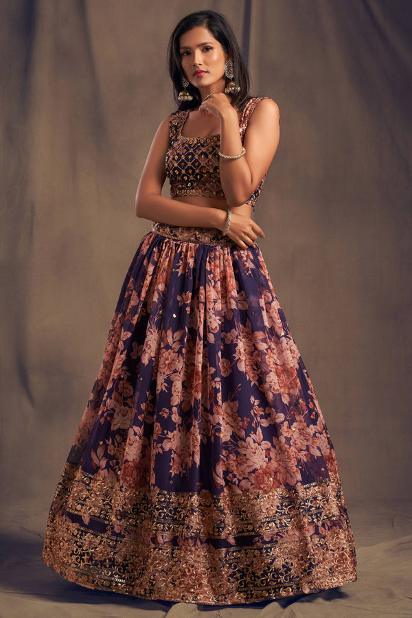 Extending Purple Zari Embroidery Organza Occasional Wear Lehenga Choli ClothsVilla