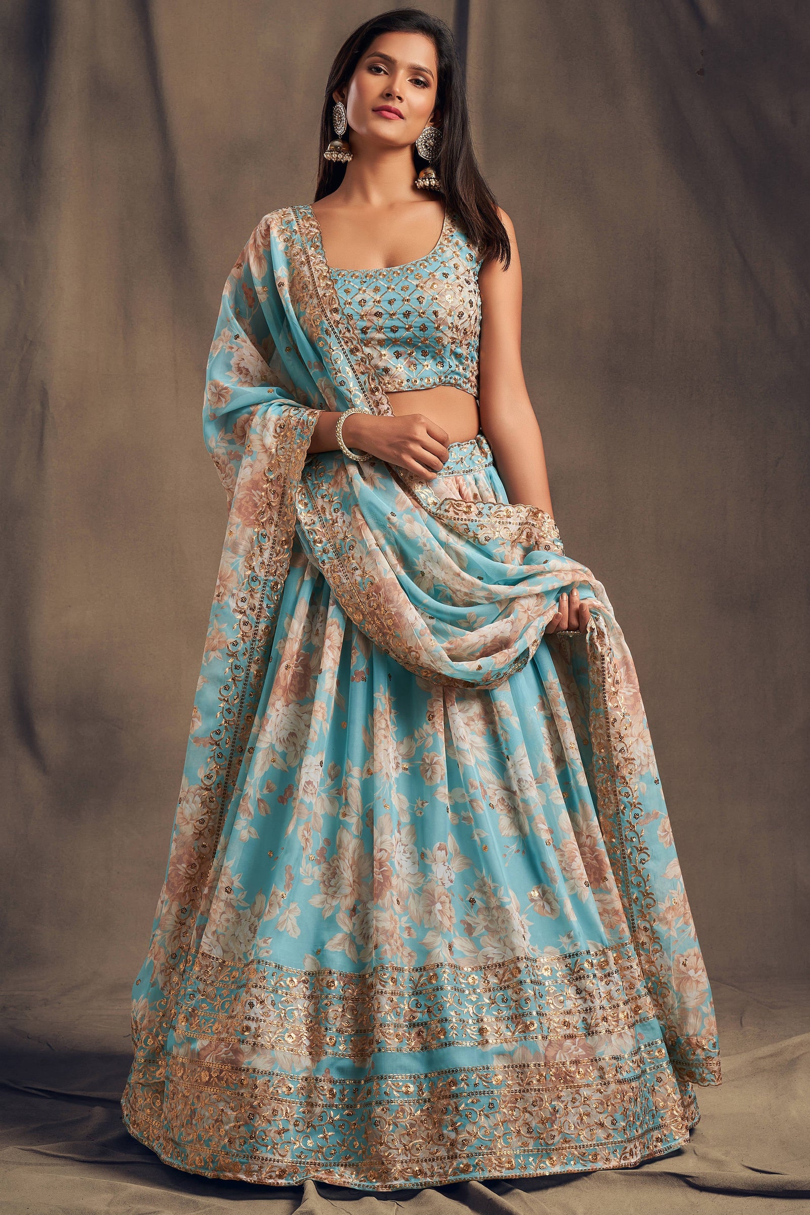 Awesome Sky Blue Zari Embroidery Organza Occasional Wear Lehenga Choli ClothsVilla