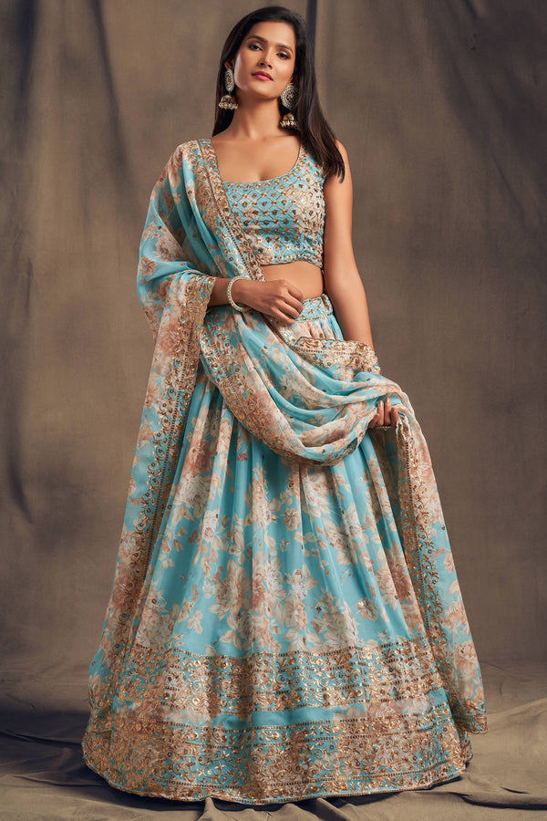 Awesome Sky Blue Zari Embroidery Organza Occasional Wear Lehenga Choli ClothsVilla