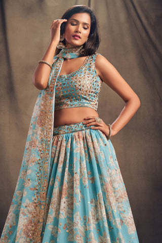 Awesome Sky Blue Zari Embroidery Organza Occasional Wear Lehenga Choli ClothsVilla