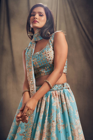 Awesome Sky Blue Zari Embroidery Organza Occasional Wear Lehenga Choli ClothsVilla