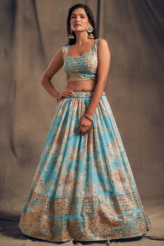 Awesome Sky Blue Zari Embroidery Organza Occasional Wear Lehenga Choli ClothsVilla
