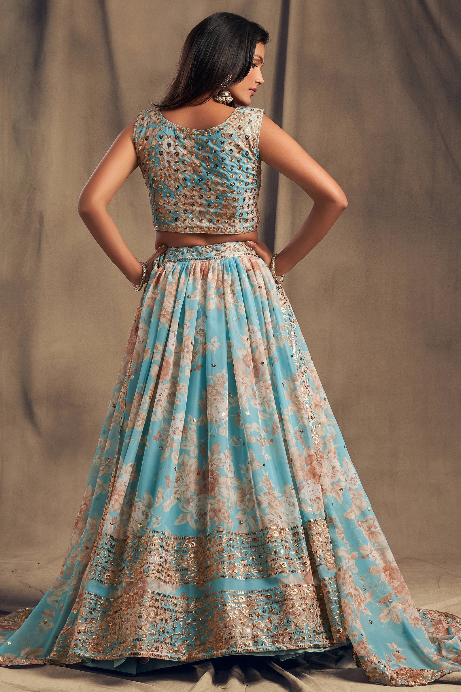 Awesome Sky Blue Zari Embroidery Organza Occasional Wear Lehenga Choli ClothsVilla