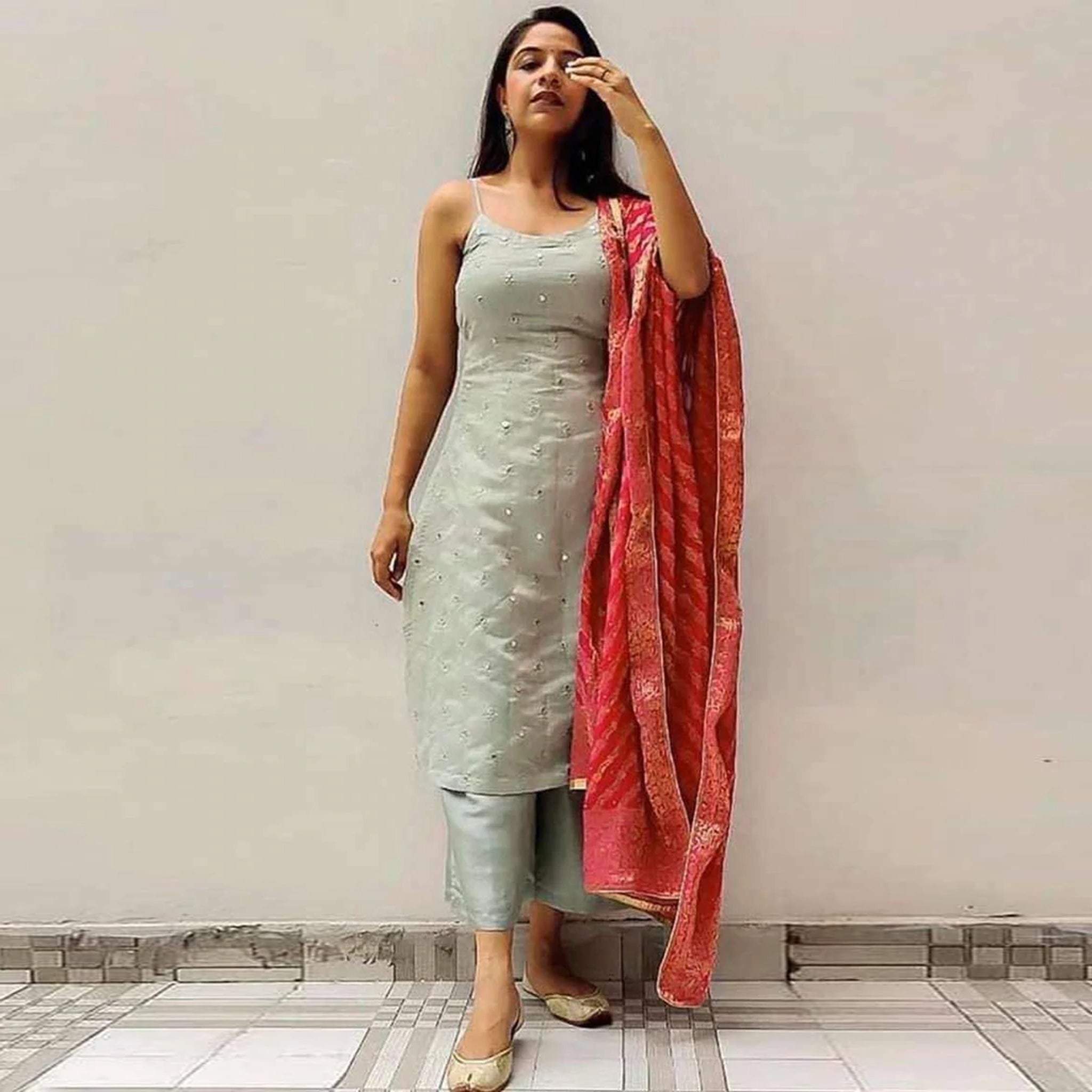 Poonam Designer Kurti Pant Dupatta On White Pure Rayon FrontBack  Sleeve  Full Chikan Work