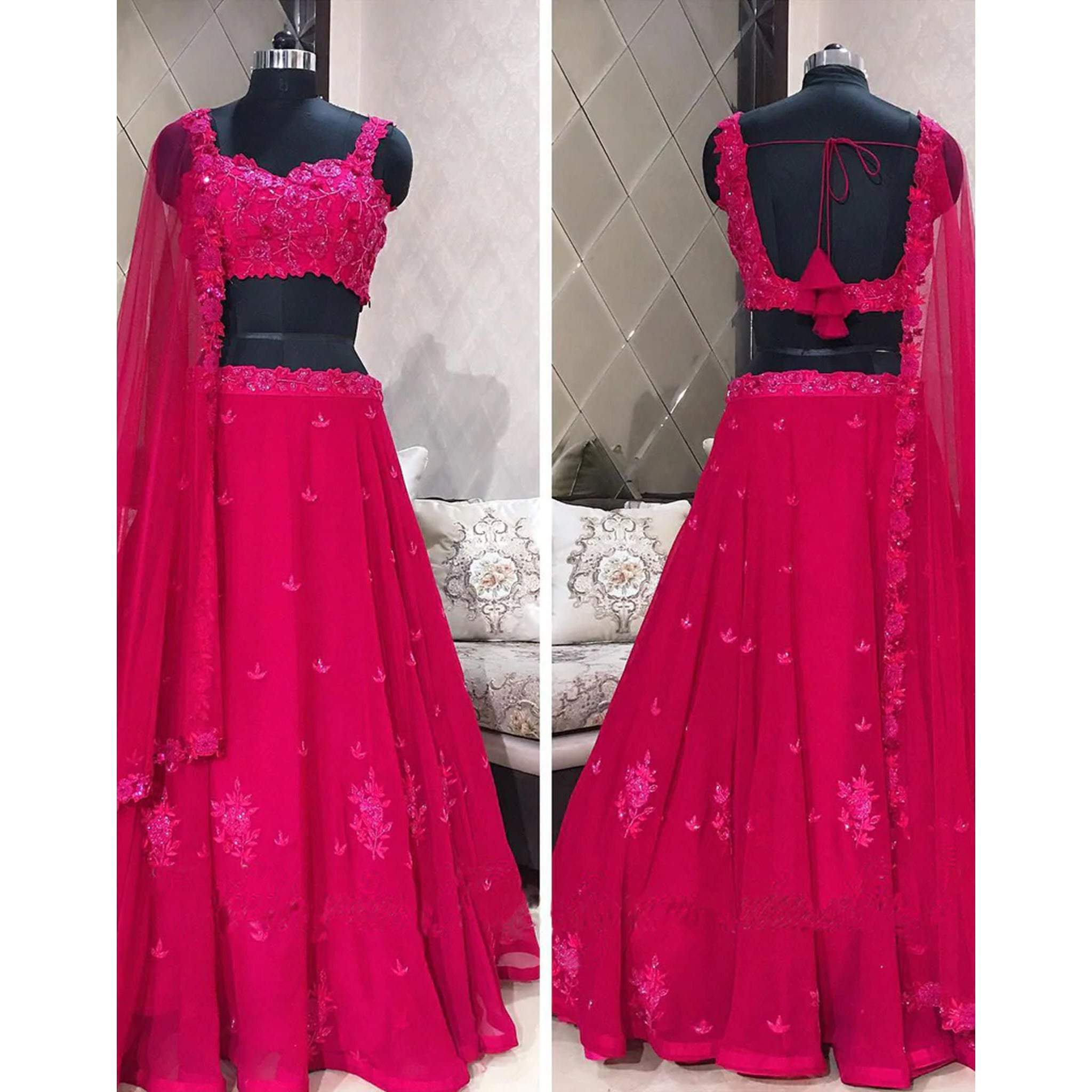 Rani Pink Color Plain Work Blooming Georgette Lehenga Choli